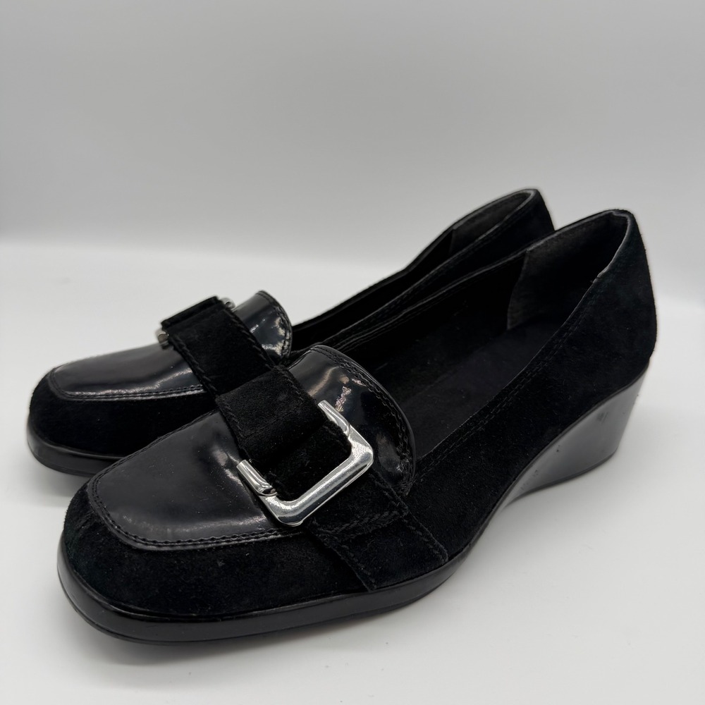 Aerosoles Temperature Black Suede Patent Leather Wedge Loafers Buckle Shoes 8.5M